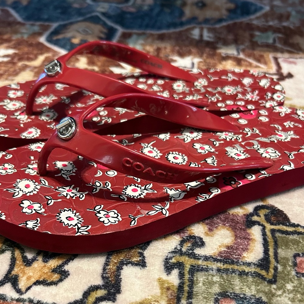 Coach Red Floral Pattern Flip Flops